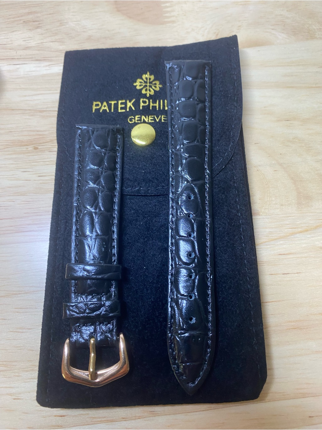 Patek Philippe Black Leather Watch Strap Gold Rose Plated Buckle 18mm